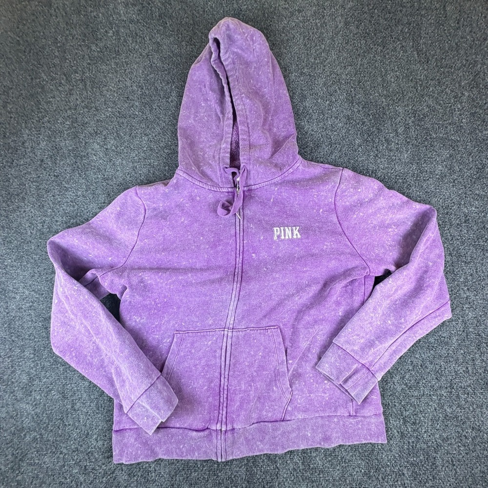 PINK Victoria's Secret Hoodie Women XL Purple Acid Wash Fleece Lined Full Zip